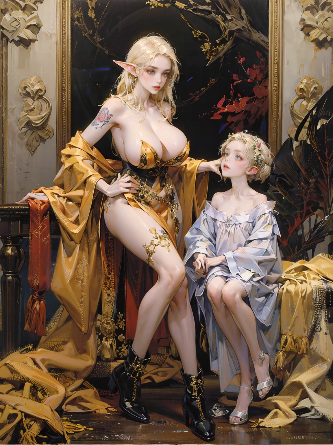 naked ,(Fechin Oil Painting - Fechin Oil Painting , oil painted) ((best quality)), ((masterpiece)), (detailed), elf ears ,big tits, big breasts ,tattoos ,golden hair, long hair ,horns ,horns on head , full body ,tatoos , glowing eyes, black boots, gigantic tits nipples, no clothes outside