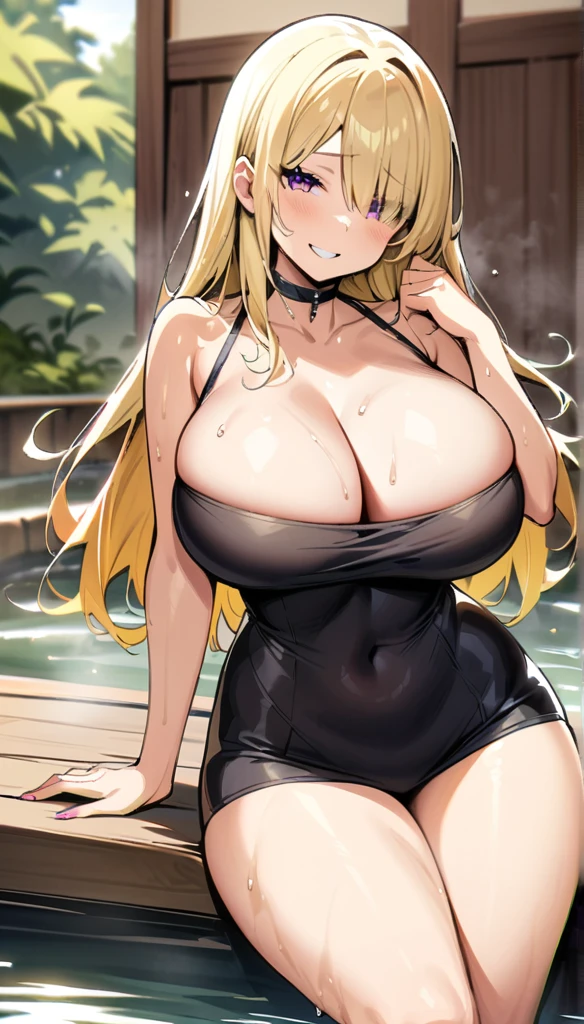 ((Best Quality)), ((Masterpiece)), (detailed), 1 girl, Pastel yellow hair, long hair, hair covers one eye, purple eyes, tight, big breasts, big thighs, expression smiling shy, with a towel in the hot springs