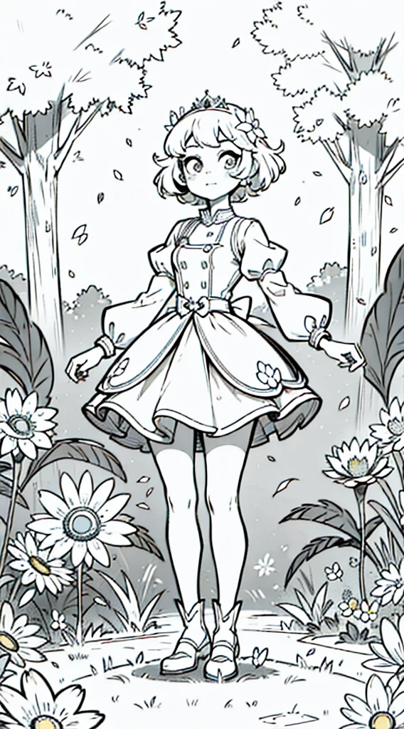 A girl, kawaii princess, standing, (Flower garden), short hair, full body, in the center of the camera, line art.
