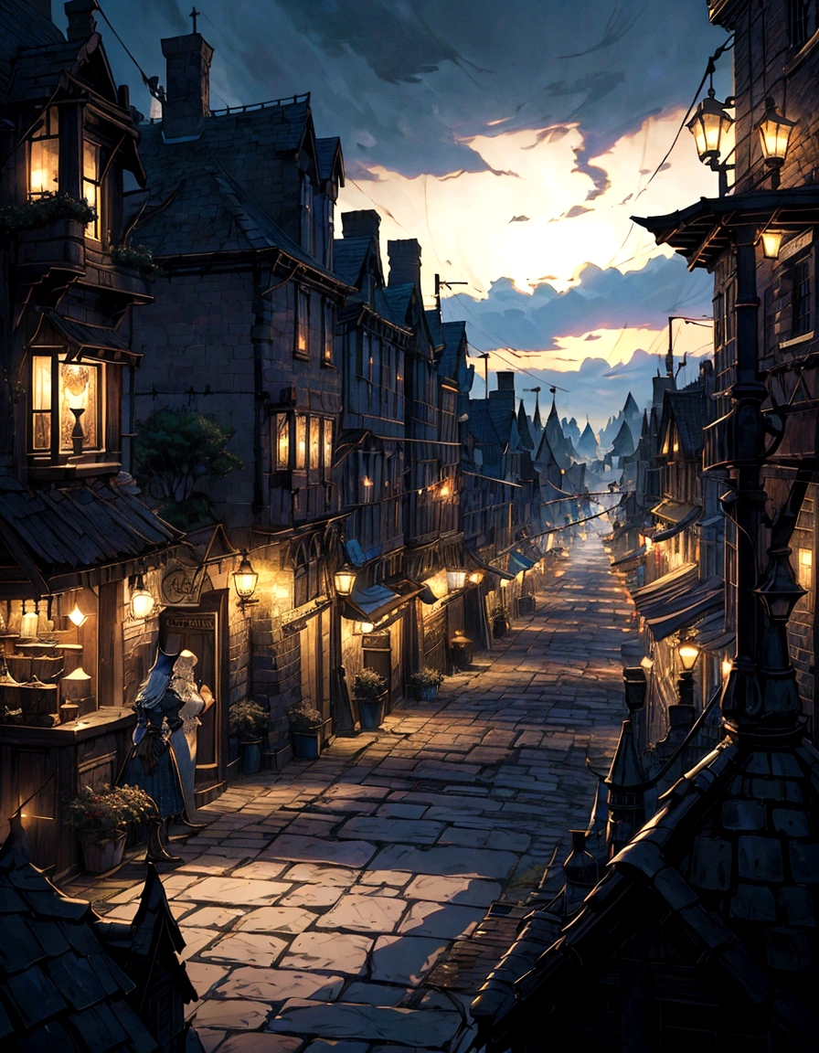 nighttime scene of a street with a restaurant and a couple of people, realistic photo of a town, victorian city, fantasy town setting, medeival fantasy town, a bustling magical town, dark fantasy setting, fantasy atmospheric lighting, whiterun in the style of pixar, photorealistic streetscape, realistic fantasy render, an victorian city, quaint village