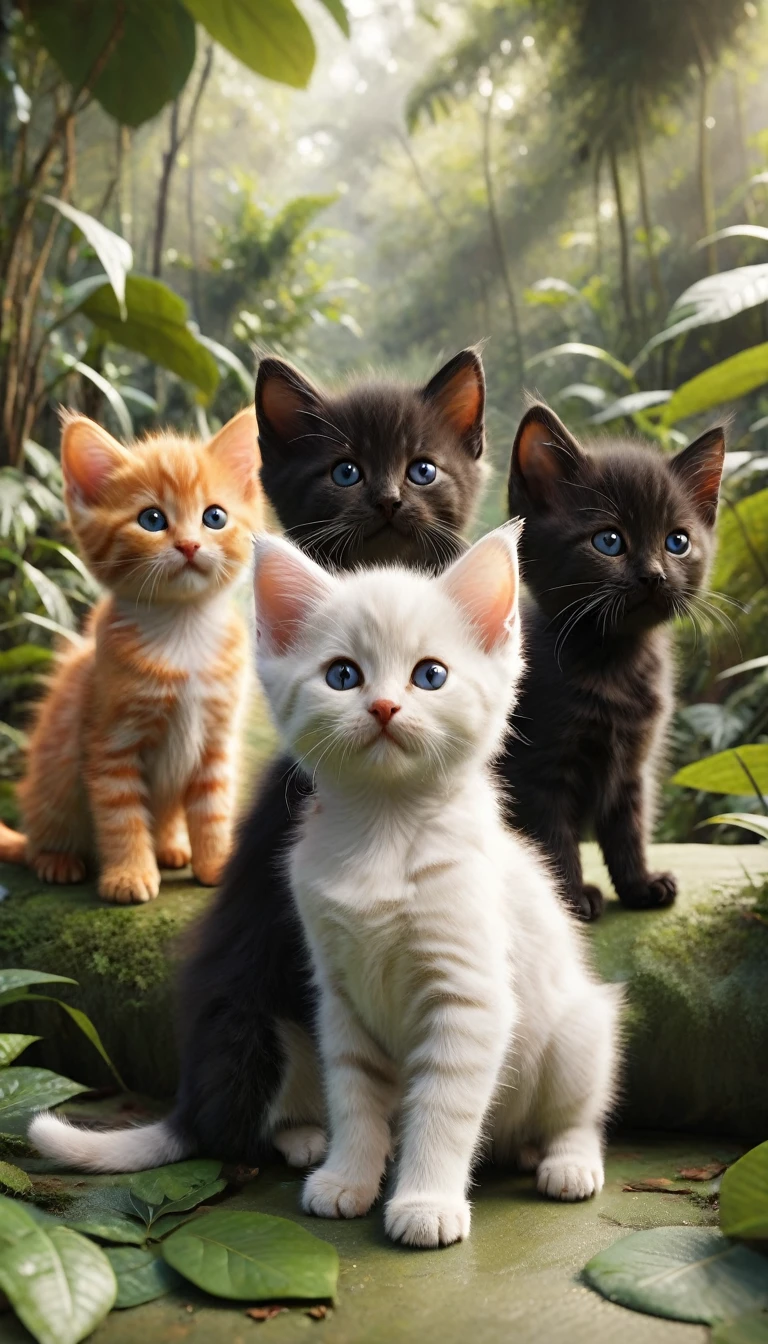 3 kittens one is orange , second one is black , 3rd one is white , playing in a jungle , snuggling with each other , loving