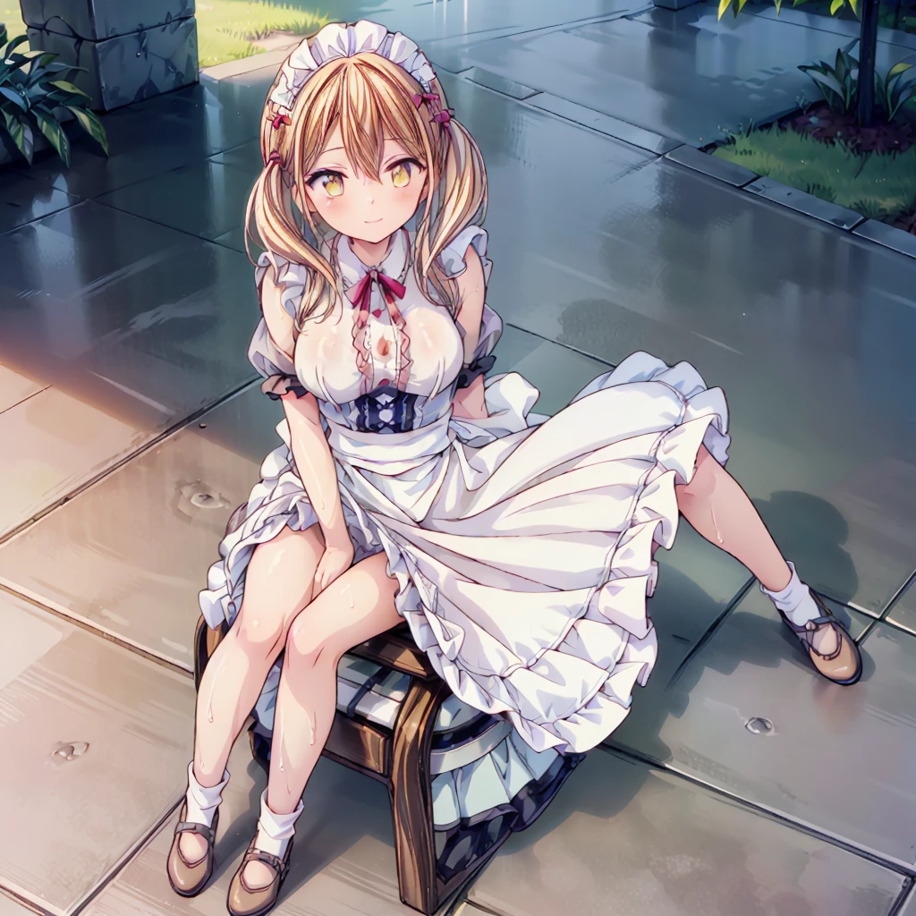 ((best quality)), (((1girl))), realistically, outdoor, garden, daytime, light ray, glitter hair, glowing eyes, Blush, daytime, Wet, ((see through shirt)), sleeveless shirt, bottomless, ((tying hair)), ((pussy reveal)), spread armpit, , tricky smile, skirt turned up, masterpiece, highest quality, Highest resolution, (((maid dress))), highest detailed face, perfect hands, perfect anatomy, medium breast, skirt lift, longhair, under , open skirt, flawless skin, full body view, medium breast, (((full body view))), (((sit with knees raised))), front view, spread legs little, slim legs, twintails, (((solo))), microskirt,