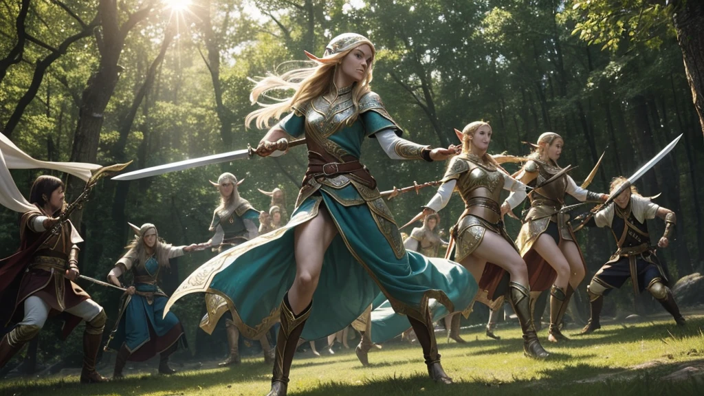 The legendary elven warrior, known for their unmatched speed and agility, gracefully dances through the air, their sword glinting in the sunlight as they strike down their enemies with ease.