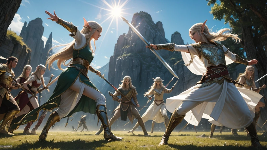 The legendary elven warrior, known for their unmatched speed and agility, gracefully dances through the air, their sword glinting in the sunlight as they strike down their enemies with ease.