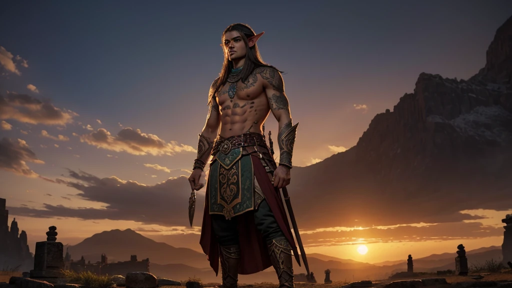 
As the sun sets over the ancient elven city, a legendary warrior, with intricate tattoos covering their body, stands guard at the entrance, ready to defend their people against any threat.