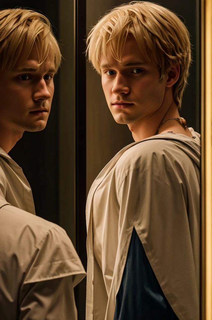 Give me a cover for a wattpad story, drarry, where harry is someone modified "sound" and that he is seeing himself in a magic mirror, where the reflection is a harry with unreal beauty