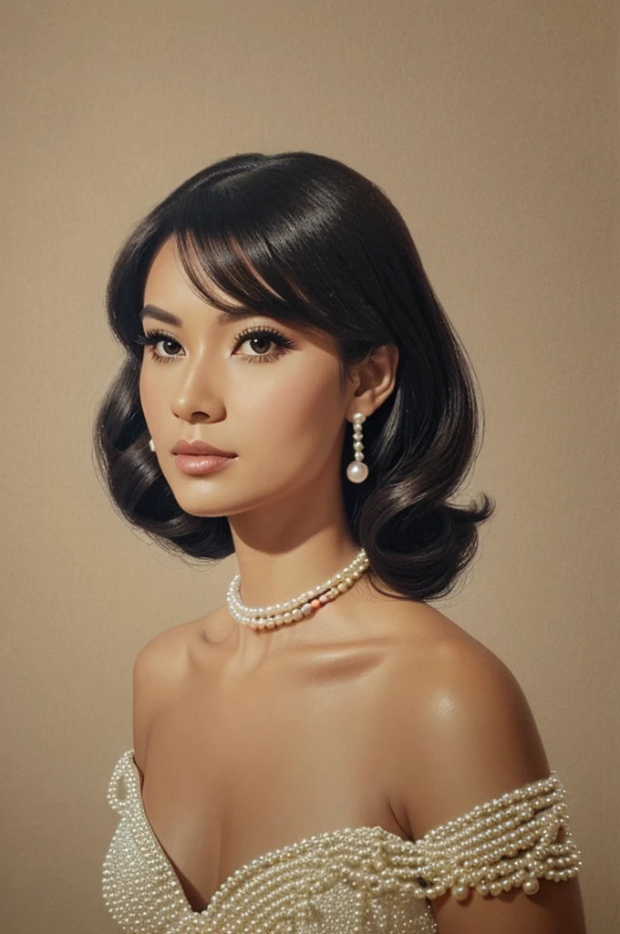 An image of a woman wearing pearls like coco channel in drawing not in real person