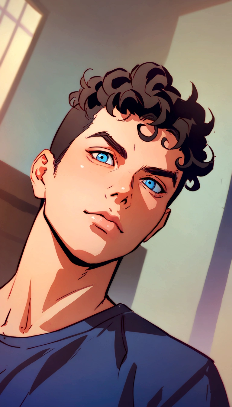 There is a man with curly hair and a blue shirt, handsome guy in demon slayer art, anime handsome man, anime portrait of a handsome man, in anime style, Ilya Kuvshinov. 4K, young anime man, nick silva and Ilya Kuvshinov, trigger anime art style, tall anime guy with blue eyes, Kuvshinov Ilya