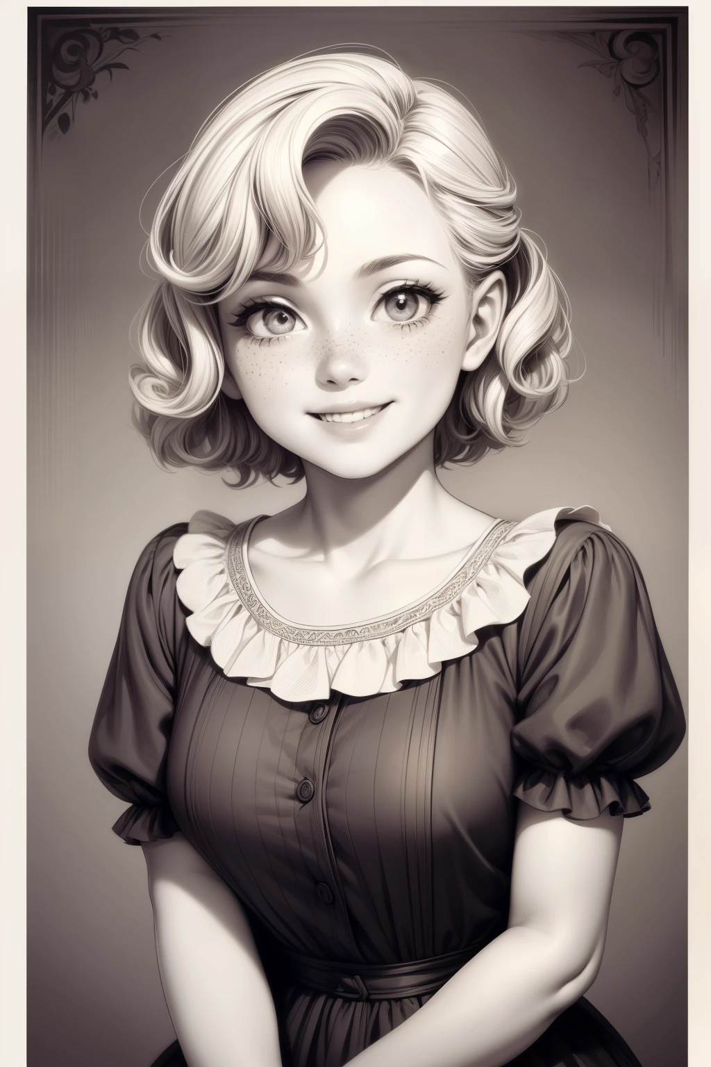 (masterpiece), best quality, expressive eyes, perfect face, Artwork, best quality, ultra-detailed, 1girl, short hair, 1930s vintage poster, monochrome dress, vintage color palette, curly hair, ((monochrome)), hand drawing art, portrait, dress with ruffles, smiling smile, freckles on face, cute smile, ((old photo effect)), youngwoman in 30s