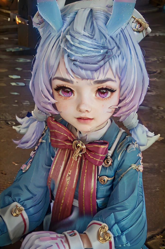 A young girl in realistic portrait of high quality and detail, Sigewinne (Genshin Impact), Sigewinne is a Melusine, sharing a similar body type to the rest of her sisters, although she has a uniquely human-like complexion and set of hands. Her pink eye color, tall blue ears with frosted tips and curled tail are much more reminiscent of a typical Melusine seen around Fontaine. Her hair color is pastel blue fading to a purple with white highlights. glow, eye shadow, 1girl, fantasy, Depth & Perspective, happy face, She stands in the middle of the sand dunes, with the ruined temple of astrology behind her, Mystical powers, fine face, outdoors, blue sky, white cloud, looking at viewer, (ultra-high detail:1.2), Masterpiece, Best Quality, Ultra-detailed, Cinematic lighting, 8K, delicate features, cinematic, 35 mm lens, f/1.9, highlight lighting, global lighting –uplight –v 4, cinematic, intense gaze, Cinematic lighting, 8K, high quality, Highest Quality, (Solo Focus), (extremly intricate:1.3), (Realistic), dramatic, masterful, Analog style, (Film grain:1.5), (warm hue, cold tone)