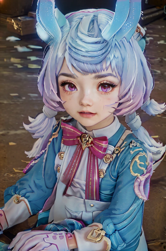 A young girl in realistic portrait of high quality and detail, Sigewinne (Genshin Impact), Sigewinne is a Melusine, sharing a similar body type to the rest of her sisters, although she has a uniquely human-like complexion and set of hands. Her pink eye color, tall blue ears with frosted tips and curled tail are much more reminiscent of a typical Melusine seen around Fontaine. Her hair color is pastel blue fading to a purple with white highlights. glow, eye shadow, 1girl, fantasy, Depth & Perspective, happy face, She stands in the middle of the sand dunes, with the ruined temple of astrology behind her, Mystical powers, fine face, outdoors, blue sky, white cloud, looking at viewer, (ultra-high detail:1.2), Masterpiece, Best Quality, Ultra-detailed, Cinematic lighting, 8K, delicate features, cinematic, 35 mm lens, f/1.9, highlight lighting, global lighting –uplight –v 4, cinematic, intense gaze, Cinematic lighting, 8K, high quality, Highest Quality, (Solo Focus), (extremly intricate:1.3), (Realistic), dramatic, masterful, Analog style, (Film grain:1.5), (warm hue, cold tone)