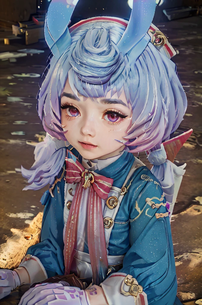 A young girl in realistic portrait of high quality and detail, Sigewinne (Genshin Impact), Sigewinne is a Melusine, sharing a similar body type to the rest of her sisters, although she has a uniquely human-like complexion and set of hands. Her pink eye color, tall blue ears with frosted tips and curled tail are much more reminiscent of a typical Melusine seen around Fontaine. Her hair color is pastel blue fading to a purple with white highlights. glow, eye shadow, 1girl, fantasy, Depth & Perspective, happy face, She stands in the middle of the sand dunes, with the ruined temple of astrology behind her, Mystical powers, fine face, outdoors, blue sky, white cloud, looking at viewer, (ultra-high detail:1.2), Masterpiece, Best Quality, Ultra-detailed, Cinematic lighting, 8K, delicate features, cinematic, 35 mm lens, f/1.9, highlight lighting, global lighting –uplight –v 4, cinematic, intense gaze, Cinematic lighting, 8K, high quality, Highest Quality, (Solo Focus), (extremly intricate:1.3), (Realistic), dramatic, masterful, Analog style, (Film grain:1.5), (warm hue, cold tone)