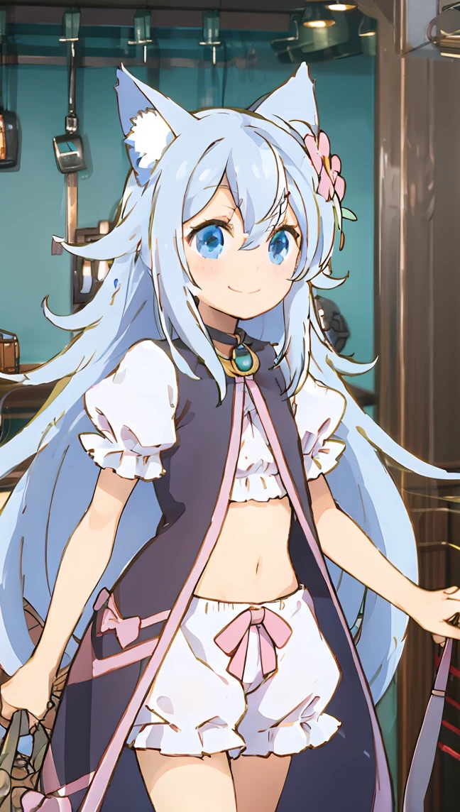 Naked, smoll stature, flat cheast, white hair, naked, smile