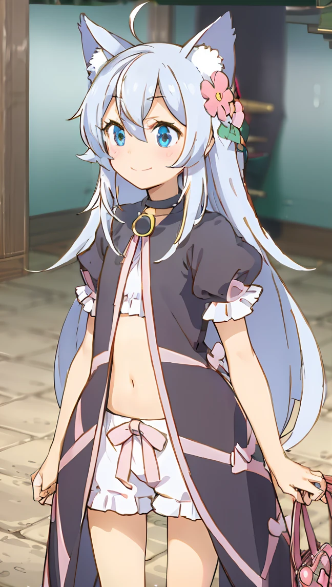 Naked, smoll stature, flat cheast, white hair, naked, smile
