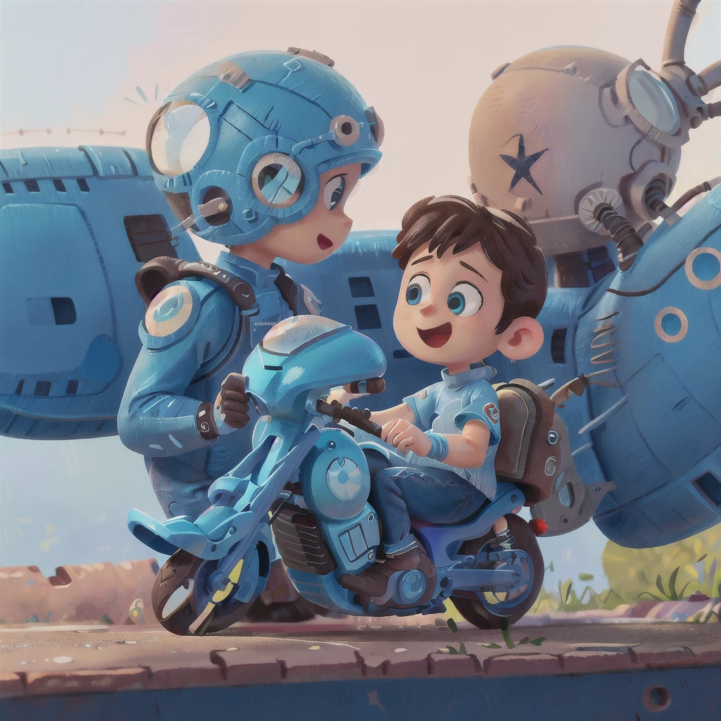 A boy, blue motorcycle, white helmet, road, black clothes, (masterpiece: 1.2) (realistic: 1.2) (bokeh) (best quality) (detailed skin: 1.3) (intricate details) (8K) (detail eyes) (sharp focus), (happy)