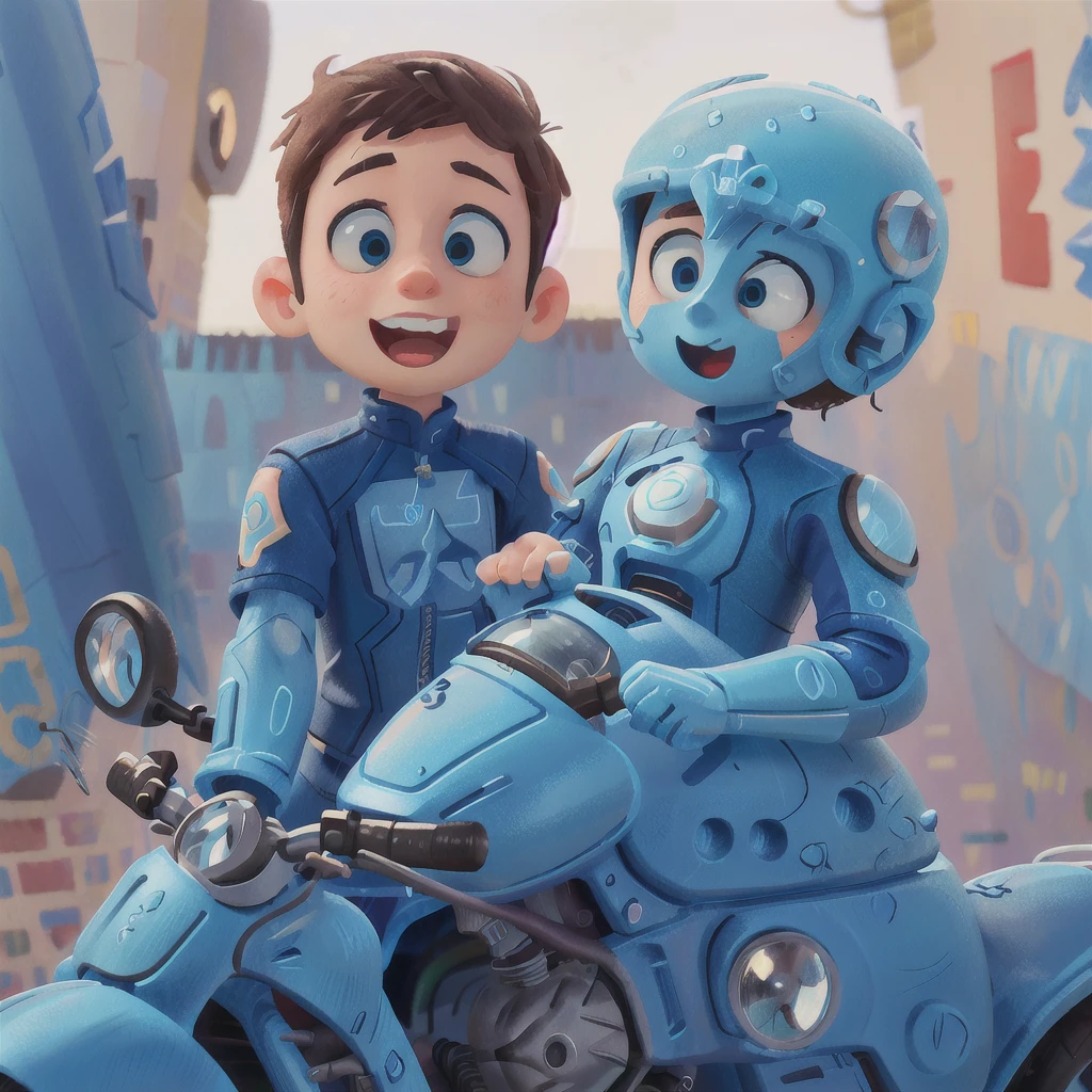 A boy, blue motorcycle, white helmet, road, black clothes, (masterpiece: 1.2) (realistic: 1.2) (bokeh) (best quality) (detailed skin: 1.3) (intricate details) (8K) (detail eyes) (sharp focus), (happy)