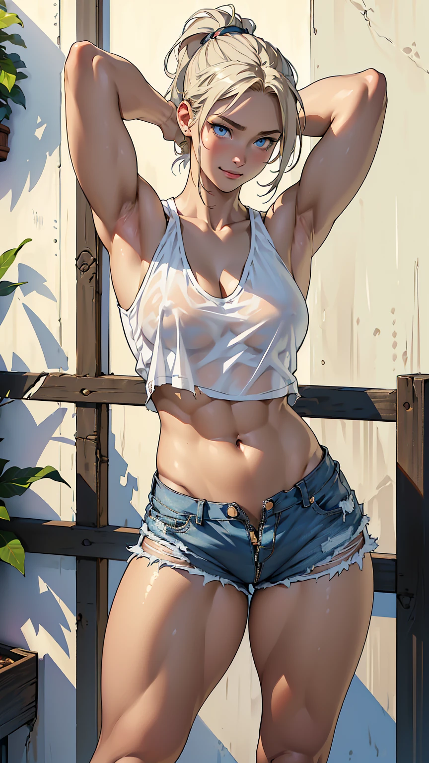 hand drawn art, conceptual art, Detailed sketch, Sketches, Manga art style, A young woman with French features,((( Plain white tank top is dry))), (((Very vulgar and tight shorts))), (((Open Fly)))、Long, thick, dark golden hair styled in a ponytail, Dark blond hair、blue eyes, Lean, strong, toned muscles, Standing in a lewd, sensual pose with arms behind her head、Short torso、A triumphant look、(((Faded and torn shortake your shorts full of holes))),(((Zip your shorts all the way open))),、(((Clear white skin))),、Natural light、Photorealistic perfect body, Perfect body with realistic shadows, Perfect face with realistic shadows、Highest quality、masterpiece、Edgy Lines、Ultra-high resolution、Physical Beauty、Wide Hips、BIG ASS、((Thick and strong muscular thighs))、((Stand with your legs spread wide))Realistic and large breasts、(The depth of the written boundary, f/1.2:1.45),Great quality, Beautiful details, Very detailed, Ultra-fine, 16K, Exquisite, absurdes,((masterpiece)),(((Highest quality))),Big Breasts、((( Only the shorts will be more worn out))),、(((White shortsだけボロ布のように破く)))、(((Thin and long arms))),Anatomically correct、、(Confident and victorious smile)、(((Slim your face)))、(((Eyebrow color brown)))、(((Shining deep blue eyes)))、(((Hide your right hand with a long, thick ponytail)))、(((Sexy large areola)))、(((Erection of the nipple)))、(((areola and nipple is very transparent)))、(((Look down with your blue eyes))),(bright sunshine)、(human nipple)、(human hand),(((Shorts have one zipper)))、