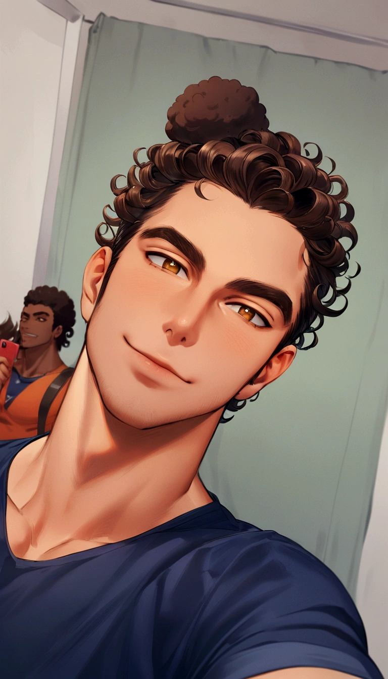 Man with curly hair and blue shirt taking a selfie, he has short, curly brown hair, cabelo cacheado e curto, curls on top of his head, caio santos, Mohammed Chahin, taken at the beginning of 2020, a black man with long curly hair, curls on top, curly haircut with middle part, curly afro