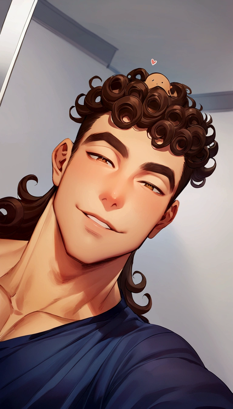 Man with curly hair and blue shirt taking a selfie, he has short, curly brown hair, cabelo cacheado e curto, curls on top of his head, caio santos, Mohammed Chahin, taken at the beginning of 2020, a black man with long curly hair, curls on top, curly haircut with middle part, curly afro