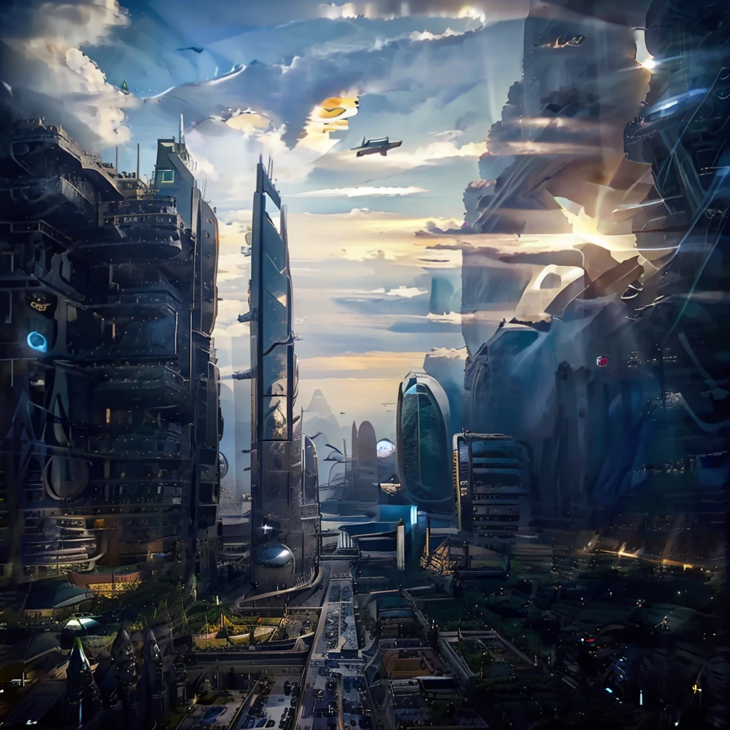 masterpiece, Maximum detail, highest degree of realism, maximum resolution. The Land of the Future, in the center are two futuristic skyscrapers made of steel and glass, shaped like pyramids. Airmobiles are flying around, from ordinary personal civilians, to special equipment: air taxi, aerial fire fighting, urgent Care, air police agromobile, cargo shuttles and multi-seat airbuses in the form of flying buses. Majestic mountains in the background, in the rays of the sunset, on the opposite side from the setting sun, rising full moon. Intergalactic shuttles take off against the background of mountains.