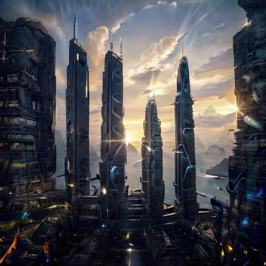 masterpiece, Maximum detail, highest degree of realism, maximum resolution. The Land of the Future, in the center are two futuristic skyscrapers made of steel and glass, shaped like pyramids. Airmobiles are flying around, from ordinary personal civilians, to special equipment: air taxi, aerial fire fighting, urgent Care, air police agromobile, cargo shuttles and multi-seat airbuses in the form of flying buses. Majestic mountains in the background, in the rays of the sunset, on the opposite side from the setting sun, rising full moon. Intergalactic shuttles take off against the background of mountains.