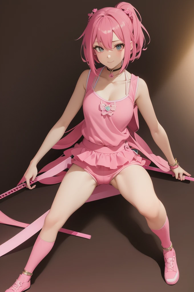 a beautiful sexy anime woman with a full pink kawai very short outfit and a katana
