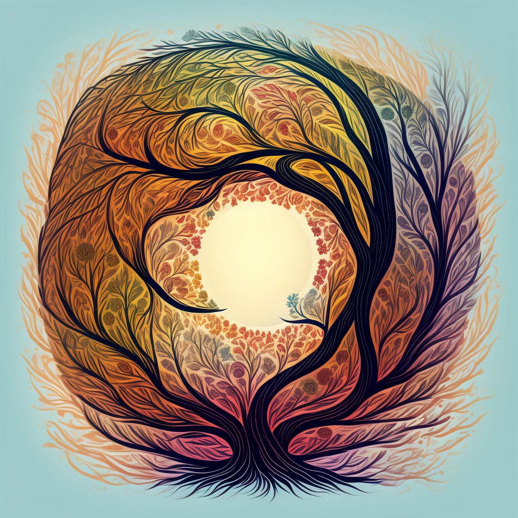 circular tree,four seasons,spring,summer,autumn,winter,leaves,roots,branches,trunk,ornate border,decorative,digital illustration,artwork,movement,time,swirling background,dark background,vibrant colors,natural,life cycle,growth,change,nature,life,peace,harmony,spirituality,symbolism,digital art,illustration,painting,graphic design,art,design,digital media,online art,visual art,fine art,fantasy