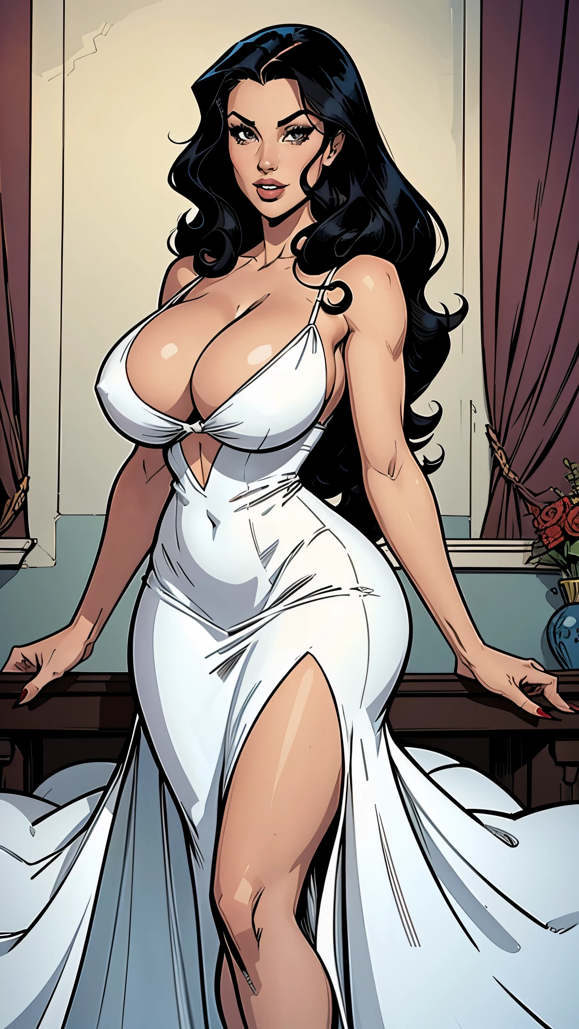 sexy woman, long curly black hair, white elegant dress. Busty. Big hip. Voluptuos. Comic style. Graphic novel style