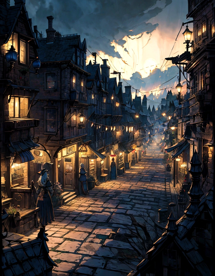 nighttime scene of a street with a restaurant and a couple of people, realistic photo of a town, victorian city, fantasy town setting, medeival fantasy town, a bustling magical town, dark fantasy setting, fantasy atmospheric lighting, whiterun in the style of pixar, photorealistic streetscape, realistic fantasy render, an victorian city, quaint village