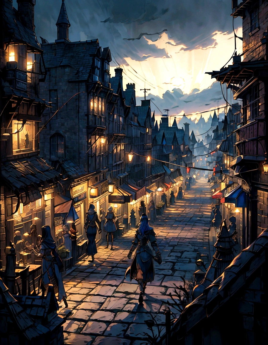 nighttime scene of a street with a restaurant and a couple of people, realistic photo of a town, victorian city, fantasy town setting, medeival fantasy town, a bustling magical town, dark fantasy setting, fantasy atmospheric lighting, whiterun in the style of pixar, photorealistic streetscape, realistic fantasy render, an victorian city, quaint village