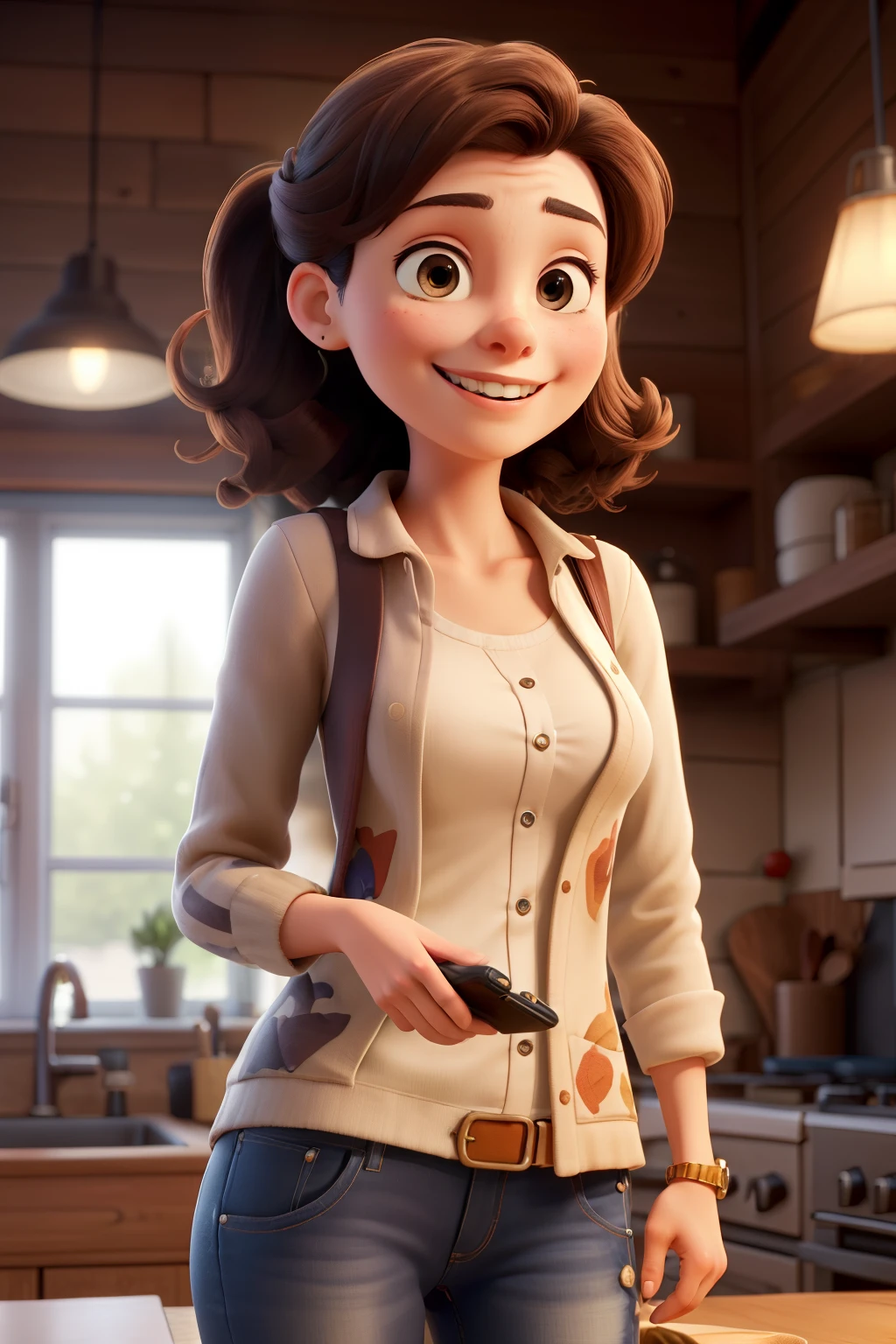 ((best qualityer)), ((work of art)), (detailded),
happy woman using a cell phone in the kitchen