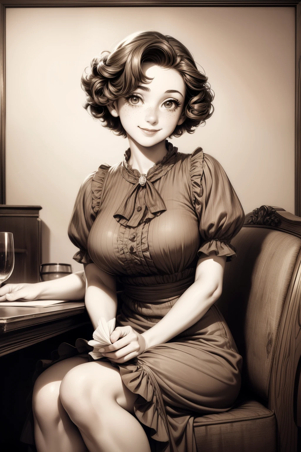 (masterpiece), best quality, expressive eyes, perfect face, Artwork, best quality, ultra-detailed, 1girl, short hair, 1930s vintage poster, monochrome dress, vintage color palette, curly hair, hand drawing art, portrait, dress with ruffles, smiling smile, freckles on face, cute smile, ((old photo effect)), 30s woman, large breasts, sitting drinking tea, ((sepia effect))