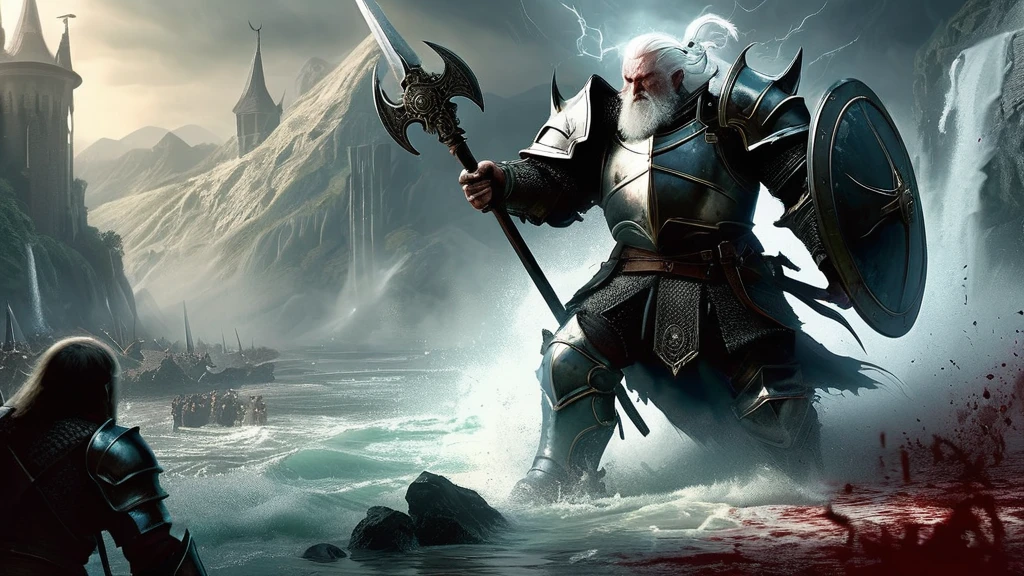 Amidst the chaos of battle, a white-haired dwarf clad in intricate armor stands resolute on the blood-soaked battlefield. His eyes, weathered by years of conflict, scan the horizon with a mixture of determination and wariness. The air is thick with the metallic tang of blood and the acrid scent of magic lingering from recent spells. Around him, soldiers clash with monstrous creatures and dark sorcerers chant incantations that tear through the air like thunder.

Describe the scene as this seasoned dwarf, known for his unmatched skill in both battle and smithing, prepares to face an overwhelming force of enemy knights. The battlefield is strewn with fallen comrades and shattered weapons, a testament to the fierce struggle for survival in this unforgiving world of dark medieval fantasy.

Include details of the dwarf's battle-worn armor, the crest of his clan emblazoned on his shield, and the determination etched on his weathered face as he readies himself for what could be his final stand against the encroaching darkness.