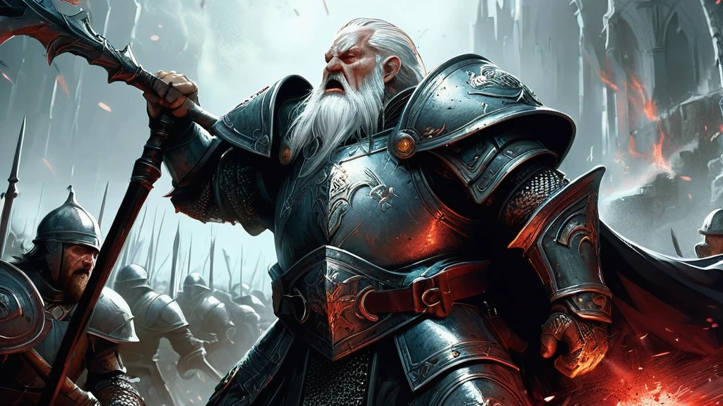 Amidst the chaos of battle, a white-haired dwarf clad in intricate armor stands resolute on the blood-soaked battlefield. His eyes, weathered by years of conflict, scan the horizon with a mixture of determination and wariness. The air is thick with the metallic tang of blood and the acrid scent of magic lingering from recent spells. Around him, soldiers clash with monstrous creatures and dark sorcerers chant incantations that tear through the air like thunder.
Describe the scene as this seasoned dwarf, known for his unmatched skill in both battle and smithing, prepares to face an overwhelming force of enemy knights. The battlefield is strewn with fallen comrades and shattered weapons, a testament to the fierce struggle for survival in this unforgiving world of dark medieval fantasy.
Include details of the dwarf's battle-worn armor, the crest of his clan emblazoned on his shield, and the determination etched on his weathered face as he readies himself for what could be his final stand against the encroaching darkness.