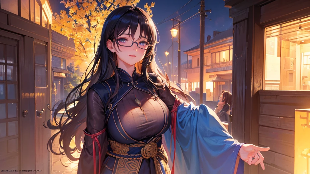 1 girl, full body, dark hair, glowing blue eyes, glasses, yukata, standing in front of the door, big breast, blush, smiling, one hand holding the glasses, (best quality,4k,8k,highres,masterpiece:1.2),ultra-detailed,(realistic,photorealistic,photo-realistic:1.37),detailed eyes,detailed lips,extremely detailed eyes and face,long eyelashes,intricate details,soft lighting,warm colors,cinematic