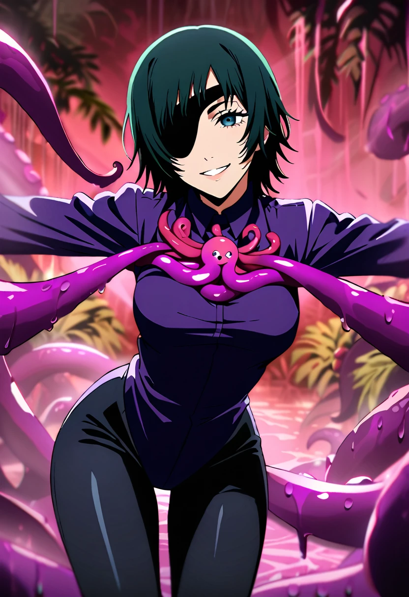 himeno, himeno(Chainsaw Man), 1girl, black hair, short hair, eyepatch, solo, Grin, Villains, chest, View your audience, Seductive smile, A woman is dancing on a group of smooth tentacles, dynamic,  (a large number of tentacles entangled in the body), (lots of octopus tentacles), (My chest is being massaged by a large number of tentacles), (A sticky pink liquid adheres to the body), holding octopuses on both hands, Bending forward, Spread arms, Raised arms, jungle Background, at Night, Purple leotard, sweet, Steam, dripping, Dark atmosphere, masterpiece, Top animation quality，Top image quality,