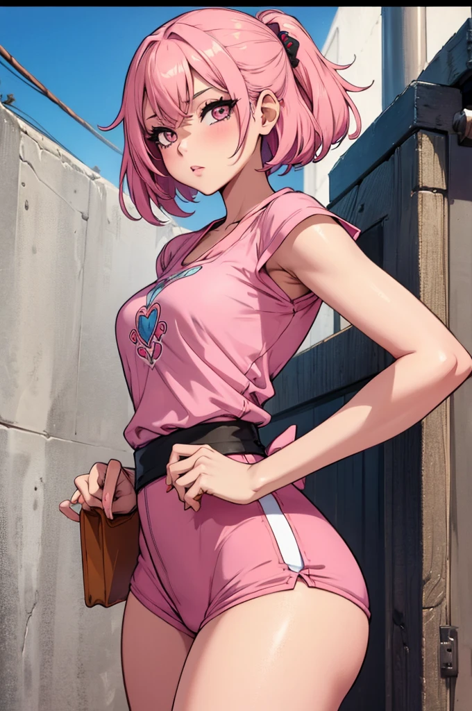 a beautiful sexy anime woman with a full pink kawai very short outfit and a katana