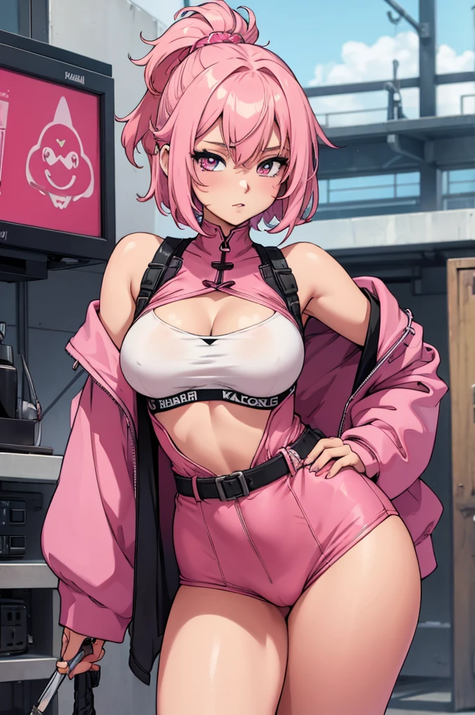 a beautiful sexy anime woman with a full pink kawai very short outfit and a katana