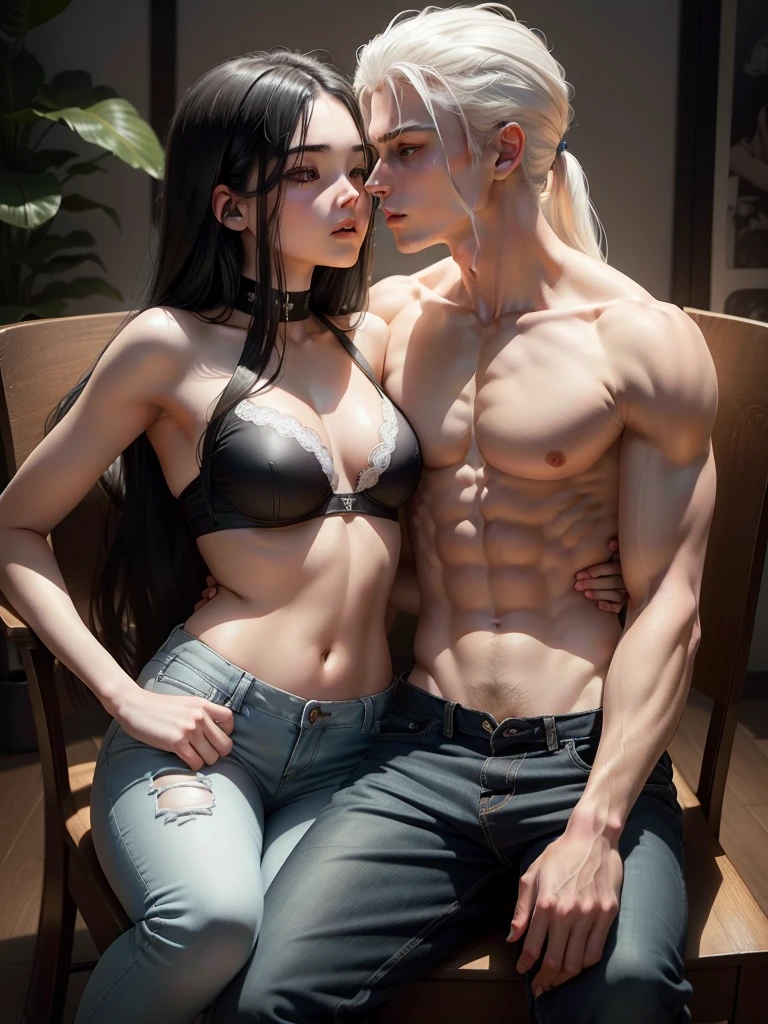 Young girl with long black hair wear a bra sitting on lap of young boy with white hair shirtless and wearing jeans who is sitting on a chair, lips touching, making out, passionately, dim lighting, lustful, realistic soft smooth skin