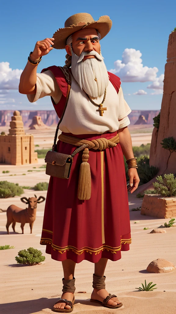 Abraham is a central figure in the Bible, known as the patriarch of the Israelite people. He is recognized for his unshakable faith in God and his obedience, being called by God to leave his homeland and go to the promised land. Abraham is also a key figure in Christianity, Judaism and Islam. Physical characteristics: kor: Around 75 years old, but still vigorous and full of vitality. Height: approximately 1,75 meters. physical build: sturdy body, strong due to his life as a nomadic herder. eyecolor: Deep browns, expressing wisdom and determination. body hair: body hairs grisalhos e barba longa, both well-groomed and wavy, showing your age and dignity. Facial expression: Abraham must have an expression of wisdom, compassion and determination. Your look should convey confidence and serenity, reflecting your unshakable faith. Environment and Setting Location: Canaan Desert, an important region in the biblical narrative of Abraham. era: Old Testament Period. Scenario details: paisaje: Arid terrain with low hills and sparse vegetation typical of the desert. Additional Elements: Nomad tents in the background, a herd of sheep and goats grazing, and maybe some loaded camels, indicating the nomadic life of Abraham. buildings: Ruins of ancient stone altars, highlighting Abraham's spiritual connection with God. Objects: Shepherd's staff in Abraham's hand, clay jugs and travel utensils around. Style and Quality Artistic style: realistic and detailed, with meticulous attention to historical and cultural details. Paleta de cores: Earthy and natural tones, like brown, ocher, and soft greens, with soft lighting and realistic shadows that highlight the texture of the setting and character. resolution: 4K ou superior, with high definition and sharpness to capture every detail. Proportions and anatomy: Precise anatomy and realistic proportions, portraying Abraham authentically.