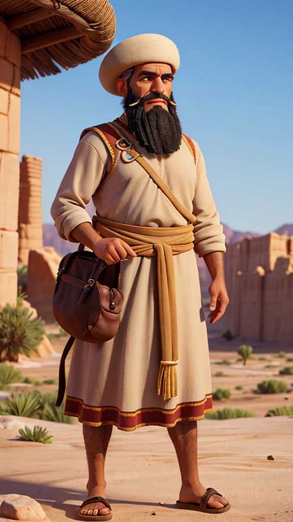 Abraham is a central figure in the Bible, known as the patriarch of the Israelite people. He is recognized for his unshakable faith in God and his obedience, being called by God to leave his homeland and go to the promised land. Abraham is also a key figure in Christianity, Judaism and Islam. Physical characteristics: kor: Around 75 years old, but still vigorous and full of vitality. Height: approximately 1,75 meters. physical build: sturdy body, strong due to his life as a nomadic herder. eyecolor: Deep browns, expressing wisdom and determination. body hair: body hairs grisalhos e barba longa, both well-groomed and wavy, showing your age and dignity. Facial expression: Abraham must have an expression of wisdom, compassion and determination. Your look should convey confidence and serenity, reflecting your unshakable faith. Environment and Setting Location: Canaan Desert, an important region in the biblical narrative of Abraham. era: Old Testament Period. Scenario details: paisaje: Arid terrain with low hills and sparse vegetation typical of the desert. Additional Elements: Nomad tents in the background, a herd of sheep and goats grazing, and maybe some loaded camels, indicating the nomadic life of Abraham. buildings: Ruins of ancient stone altars, highlighting Abraham's spiritual connection with God. Objects: Shepherd's staff in Abraham's hand, clay jugs and travel utensils around. Style and Quality Artistic style: realistic and detailed, with meticulous attention to historical and cultural details. Paleta de cores: Earthy and natural tones, like brown, ocher, and soft greens, with soft lighting and realistic shadows that highlight the texture of the setting and character. resolution: 4K ou superior, with high definition and sharpness to capture every detail. Proportions and anatomy: Precise anatomy and realistic proportions, portraying Abraham authentically.