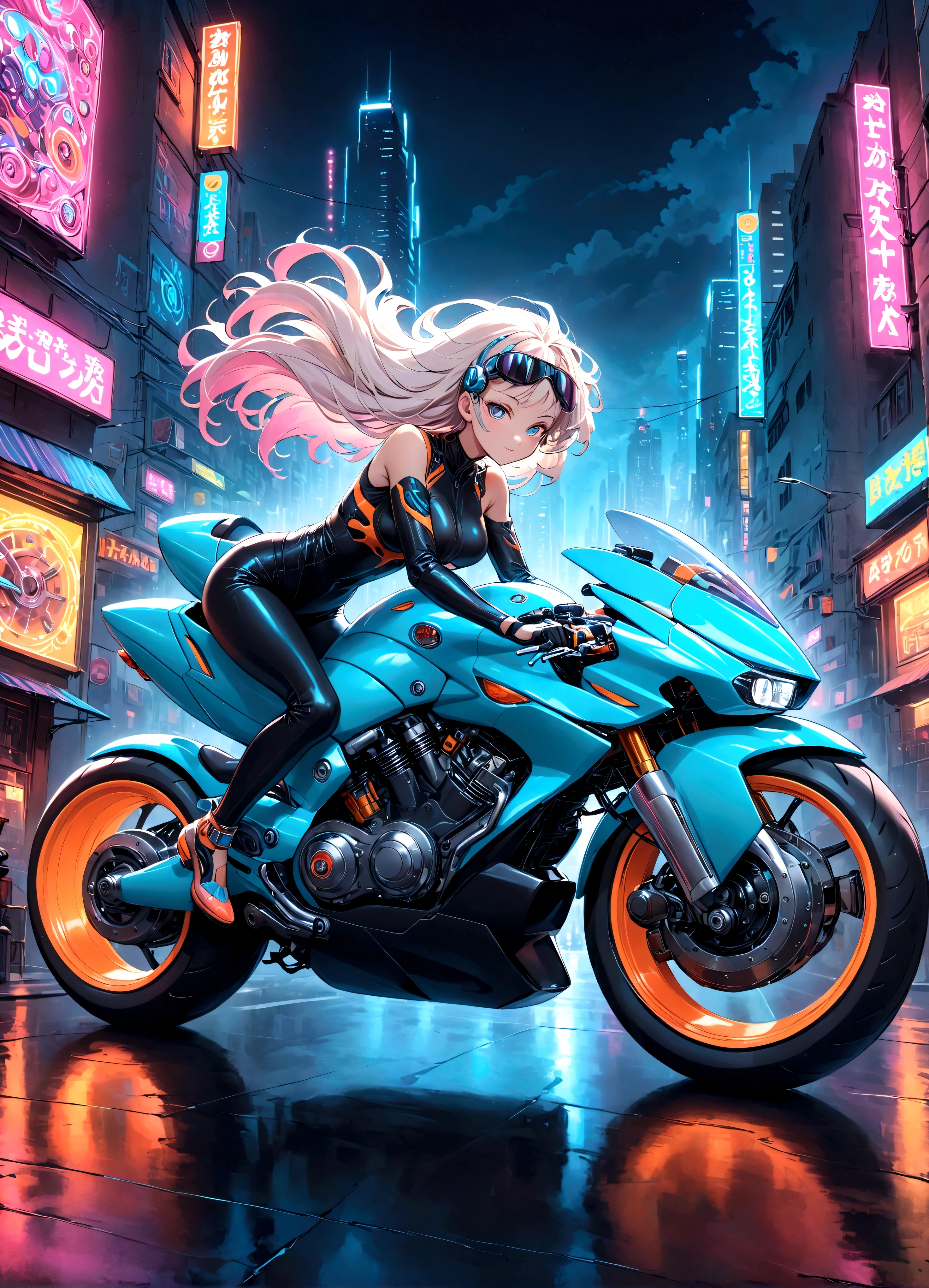 An intricately detailed and colorful motorcycle in the vibrant and imaginative style of Akira Toriyama. The motorcycle is futuristic, with sleek curves and a dynamic design, featuring bright and bold colors. The body is adorned with intricate mechanical parts, gears, and wires, all meticulously drawn with fine lines. The wheels are large and robust, with detailed tread patterns and glowing neon accents. Riding the motorcycle is a character with a joyful expression, wearing a cool outfit with elements of futuristic and whimsical design, reflecting Toriyama's unique style. The rider's hair flows in the wind, and their pose exudes excitement and adventure. The background is Cyberpunk City, full of vibrant colors and imaginative details, reflecting a lively and adventurous atmosphere.,Structurally correct,Perfect Anatomy