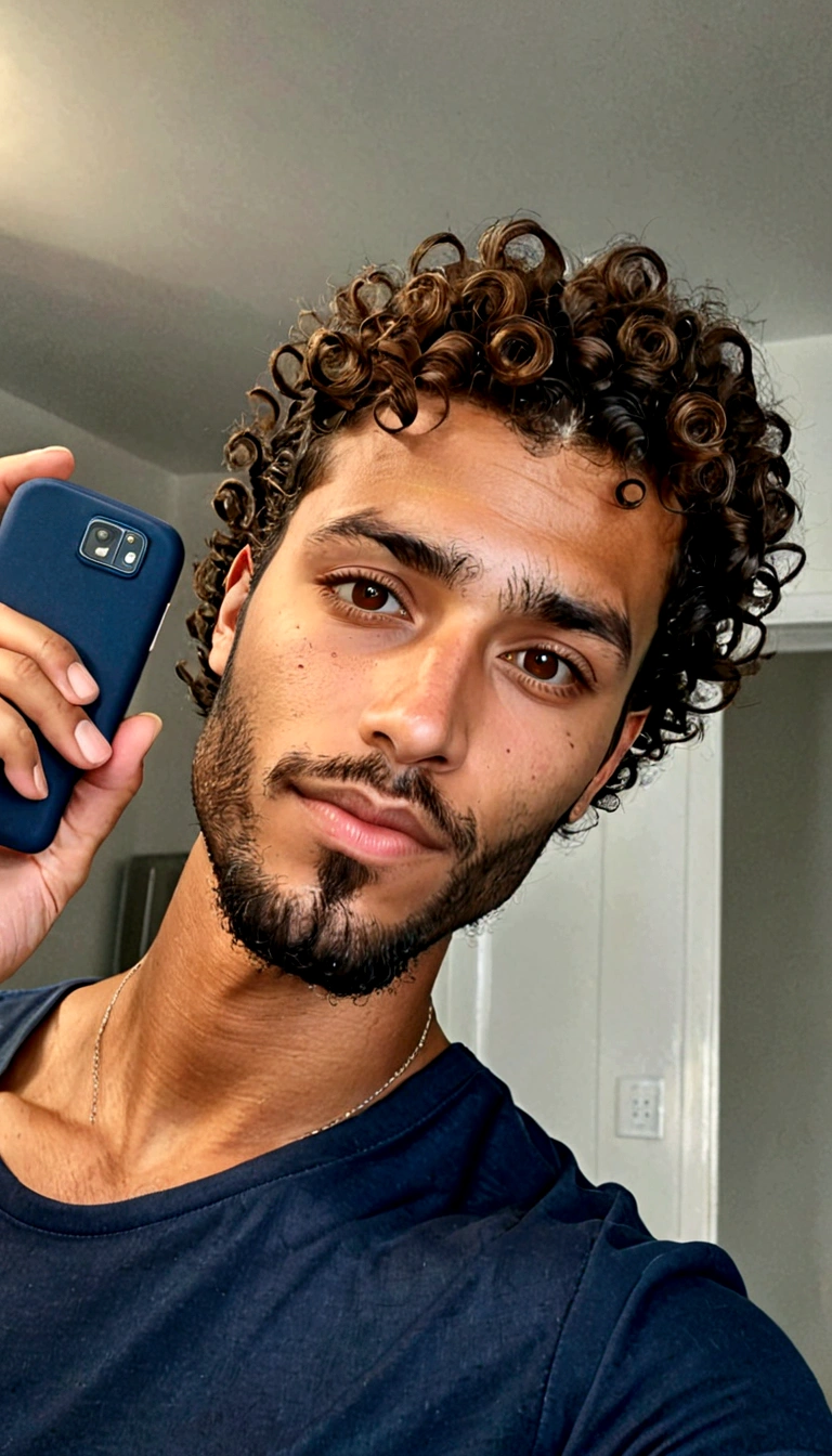 Man with curly hair and blue shirt taking a selfie, he has short, curly brown hair, cabelo cacheado e curto, curls on top of his head, caio santos, Mohammed Chahin, taken at the beginning of 2020, a black man with long curly hair, curls on top, curly haircut with middle part, curly afro