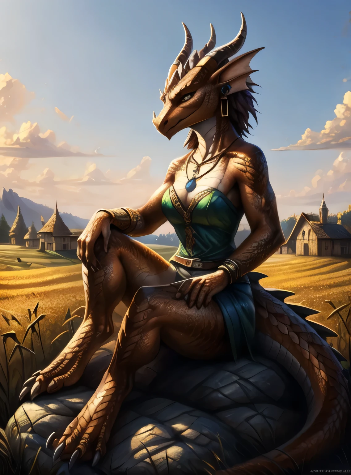 brown dragonborn, solo, female, waivy hair, female focus, sitting on a rock in wheat field, looking to the side, tail following the edge of the rock, earrings, feminine horns, necklace, small village in background, in the style of greg rutkowski, masterpiece, best quality,