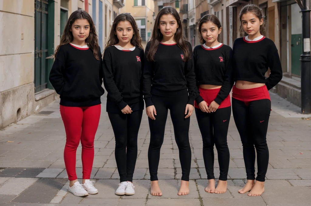 A group of five italian Little girls, 11 Years old, Red Lips, school, different colours Jumper, wearing Black Yoga pants, standing, front view, full body, barefeet