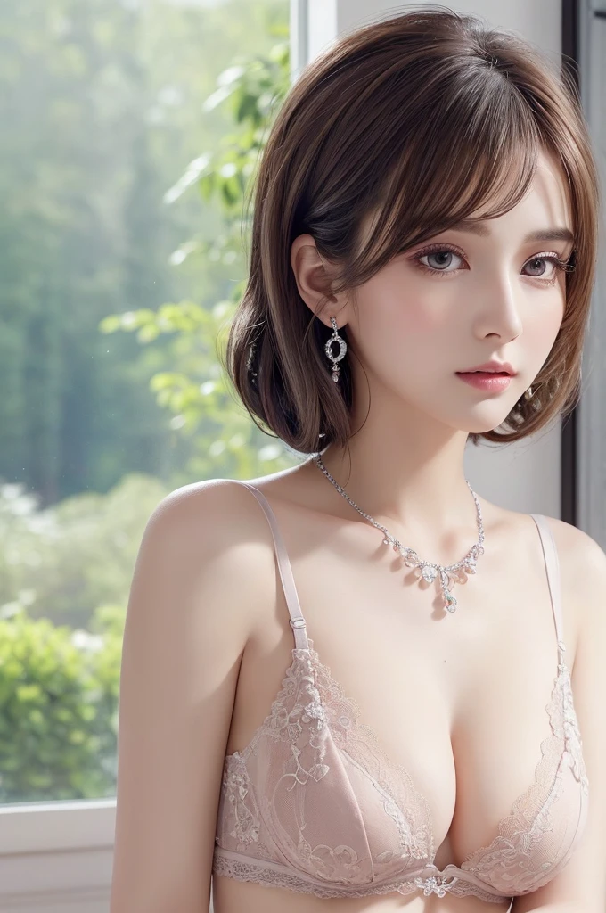 darkpink lace bra, (((Very elegant and beautiful, Perfect detail, Super detailed))), whole body, The most detailed girl, Depth of written boundary, 美しく詳細なwhole body, Thin legs, 1 girl, 30 years old, Very short hair, Spiked Hair, Gray and silver hair, Beautiful detailed hair, Perfect Face, Expressionless, Beautifully detailed deep eyes, Open your mouth a little, Delicate arms and hands, Pale skin, Earrings, Beautiful and gorgeous necklace, Colorful background, HD background, Blurred Background, Very delicate and beautiful, Masterpiece, (((Highest quality, Very beautiful 8K CG wallpaper))), (((Trendy hairstyles))), (Inside the room,Stylish interior,window),