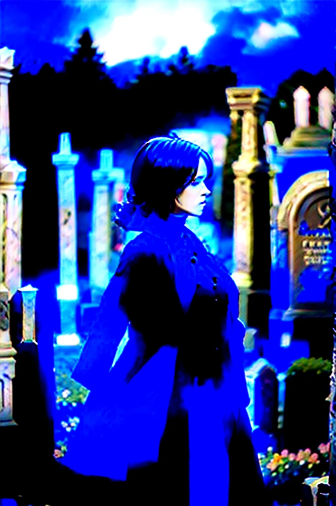 Characters: Elizabeth Baron, Description: walking through an ancient city cemetery feeling chills down her spine, Era: ancient, Clothing: Victorian-style dress, Location: city cemetery, Action: walking among ominous tombstones, Background: tombstones rising ominously, Shot Type: medium shot, Style: hyper-realistic, photo realism, cinematography --ar 9:16