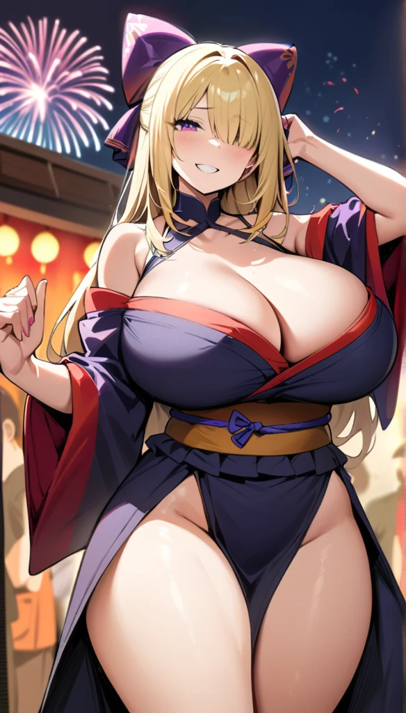 ((Best Quality)), ((Masterpiece)), (detailed), 1 girl, Pastel yellow hair, long hair, hair covers one eye, purple eyes, tight, big breasts, big thighs, expression smiling shy, japanese festival clothing, fireworks festival