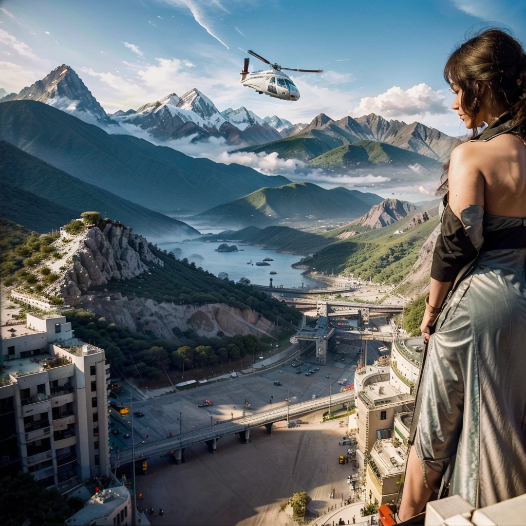 masterpiece, Maximum detail, highest degree of realism, maximum resolution. The Land of the Future, in the center are two futuristic skyscrapers made of steel and glass, shaped like pyramids. Airmobiles are flying around, from ordinary personal civilians, to special equipment: air taxi, aerial fire fighting, urgent Care, air police agromobile, cargo shuttles and multi-seat airbuses in the form of flying buses. Majestic mountains in the background, in the rays of the sunset, on the opposite side from the setting sun, rising full moon. Intergalactic shuttles take off against the background of mountains.