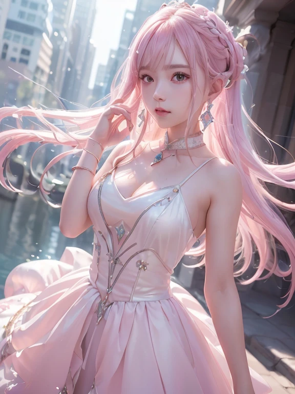 (logo、Masterpiece、8k、Mesa、crudaaravilloso photos、最high quality、フォトリアルでVery detailedなCG統合8k壁紙、high quality、Very detailed、Narrative poem、particle effects、dynamic effects、Text Depth、cinematic light、Lens flare、ray tracing)、Fancy、(A girl, arms, sword, wide, dress, water, alone, jewelry, blanco dress, earrings, Hair ornaments, waterしぶき, Ultra-realistic upper body, Bun, light pink hair, Realistic city background, Turning on,franco